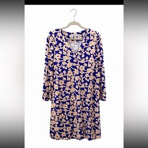 Diane von Furstenberg Blue Floral Silk Dress V-Neck Long Sleeve Size 8
